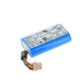 Blue rechargeable lithium-ion battery pack with a white four‑pin connector and multi‑colored wires.