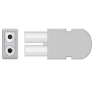 Two-prong electrical plug about to be inserted into a two-hole wall outlet.