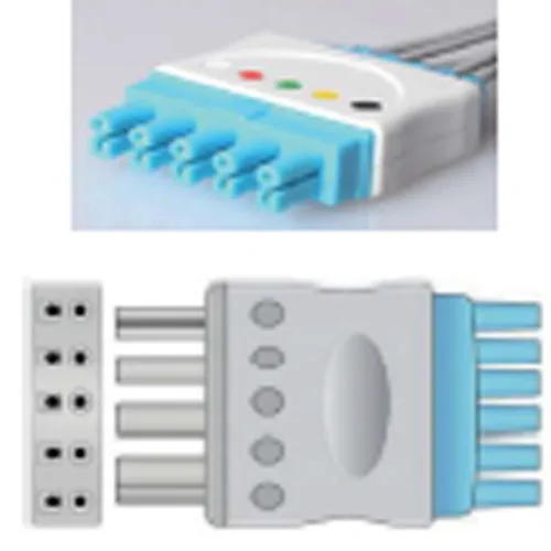 NI-CR006-6013IC Fiber optic breakout adapter with a white module and blue ports, plus a gray multi-pin connector with a blue end cap.