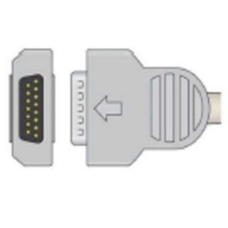 VGA-style adapter: a 15-pin D-sub connector on the left connected to a rectangular adapter body with a proprietary right-end connector.