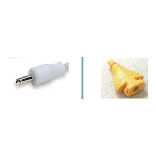 NI-CR010-6003 White DC power plug on the left and a yellow banana plug on the right, with a blue vertical divider between them.